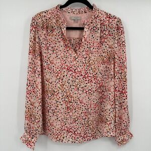Hobbs London Pink Multi Dot Ruffle Neck Long Sleeve Blouse Shirt Women US 8
